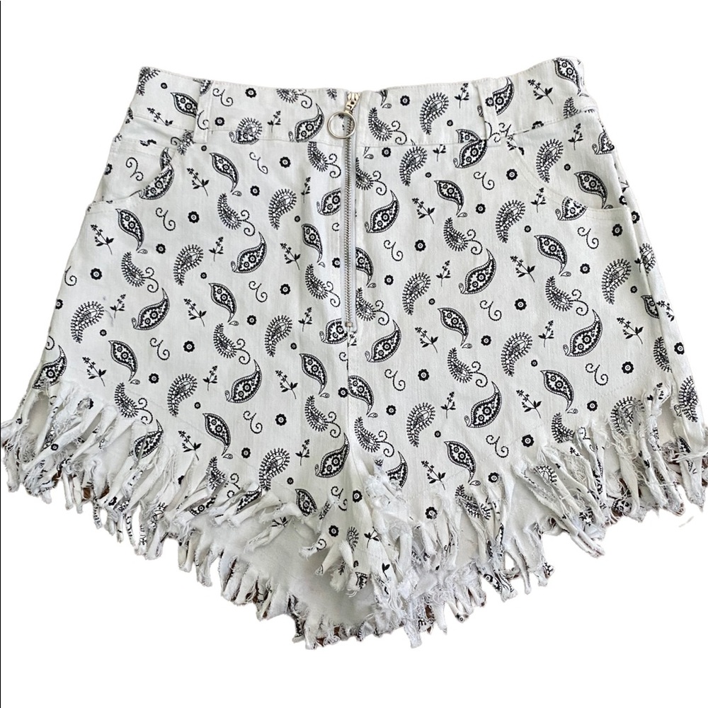 Kittenish paisley high rise fringe jean shorts